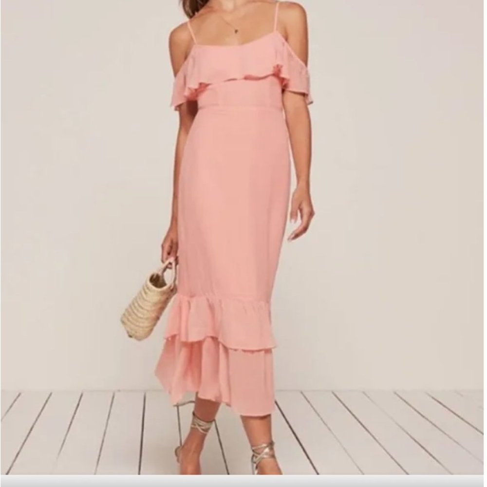 Reformation Odessa Midi Dress in Blush Pink Size 0 Ruffle Cold Shoulder